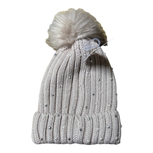Windsor Pink Mauve Rhinestone Pearl Pompom Beanie NWT Winter Snow Fashion - Picture 1 of 6